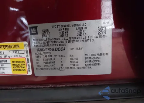 2015 Chevrolet Traverse 1Lt from USA, damaged, VIN 1GNKVGKD4FJ383034